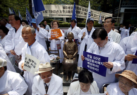 FILE PHOTO: Descendants of Koreans who were conscripted to the Japanese imperial army or recruited for forced labor under Japan's colonisation surround a statue of a girl as they attend an anti-Japan rally in front of the Japanese embassy in Seoul, South Korea, June 22, 2015. REUTERS/Kim Hong-Ji/File Photo