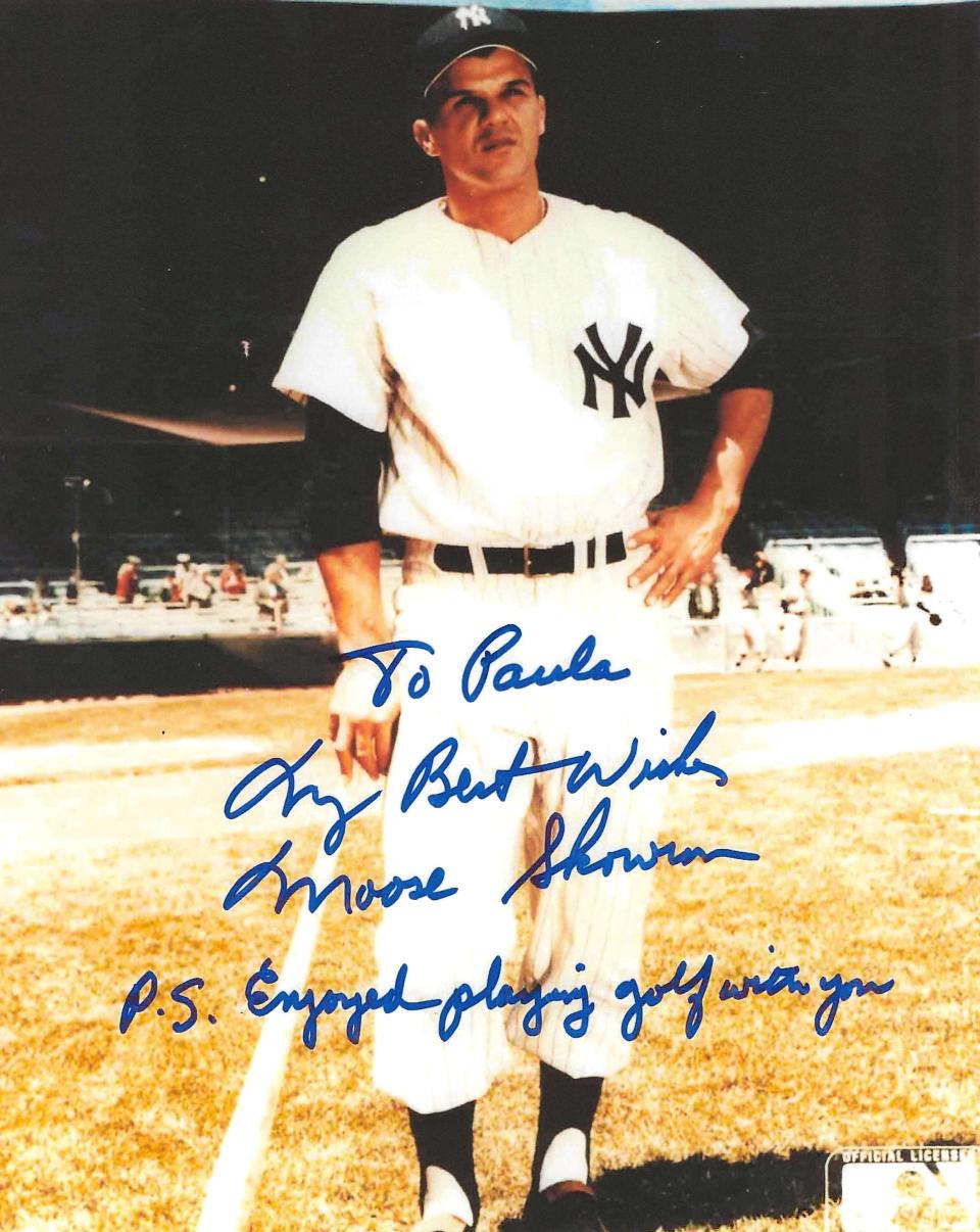 Moose Skowron personally autographed baseball card and note to his golf buddy, Paula Lanehart.