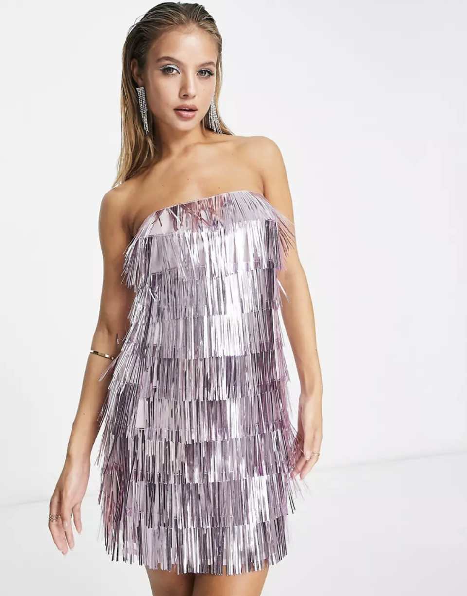 11) River Island Fringed Sequin Mini Dress in Purple