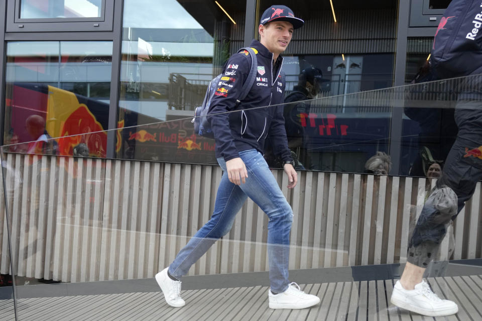 Red Bull driver Max Verstappen of the Netherlands arrives at the Silverstone race track in Silverstone, Thursday, June 30, 2022. The British F1 Grand Prix is held on Sunday July 3,2022. (AP Photo/Frank Augstein)