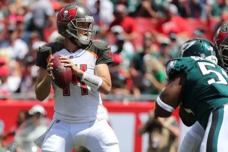 Sep 16, 2018; Tampa, FL, USA; Tampa Bay Buccaneers quarterback Ryan Fitzpatrick (14) drop back against the Philadelphia Eagles during the second quarter at Raymond James Stadium. Mandatory Credit: Kim Klement-USA TODAY Sports