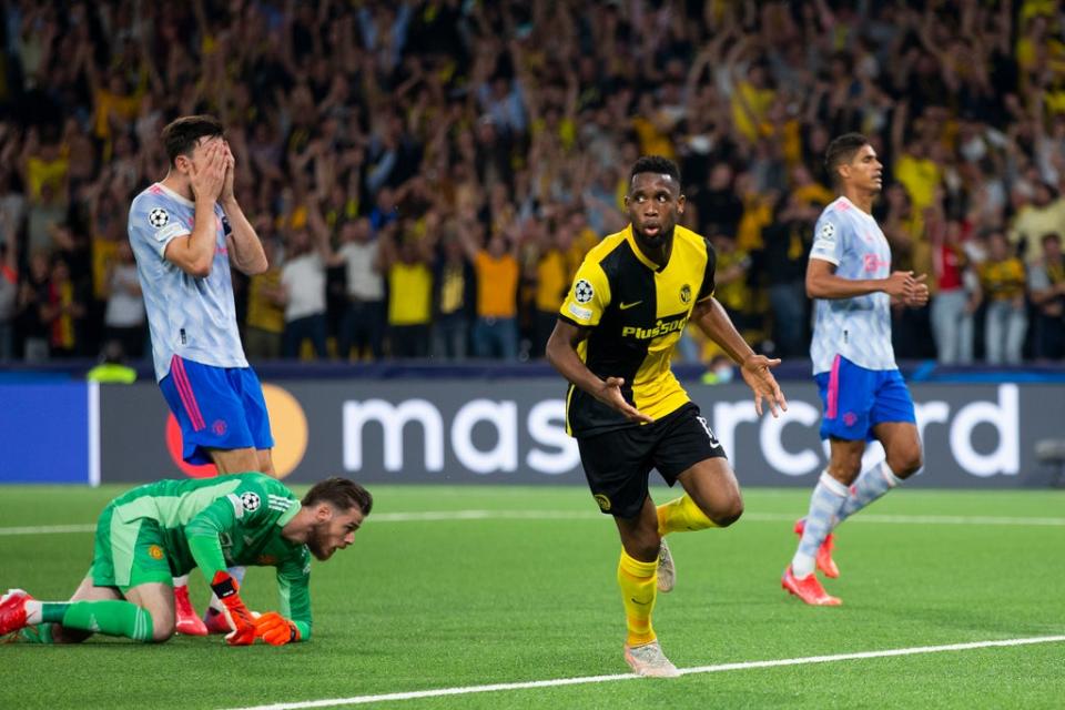 Jordan Pefok celebrates scoring Young Boys’ late winner against United (AP)