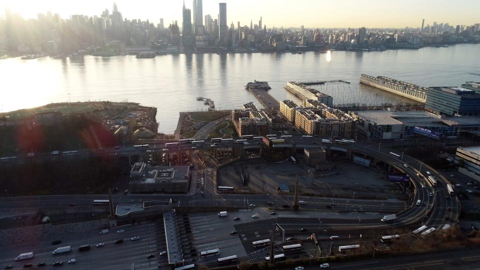 March 18, 2020; Weehawken, NJ, USA: Aerial view of the helix leading into the Lincoln Tunnel during a sparse morning commute as the coronavirus outbreak has led many people to work from home.