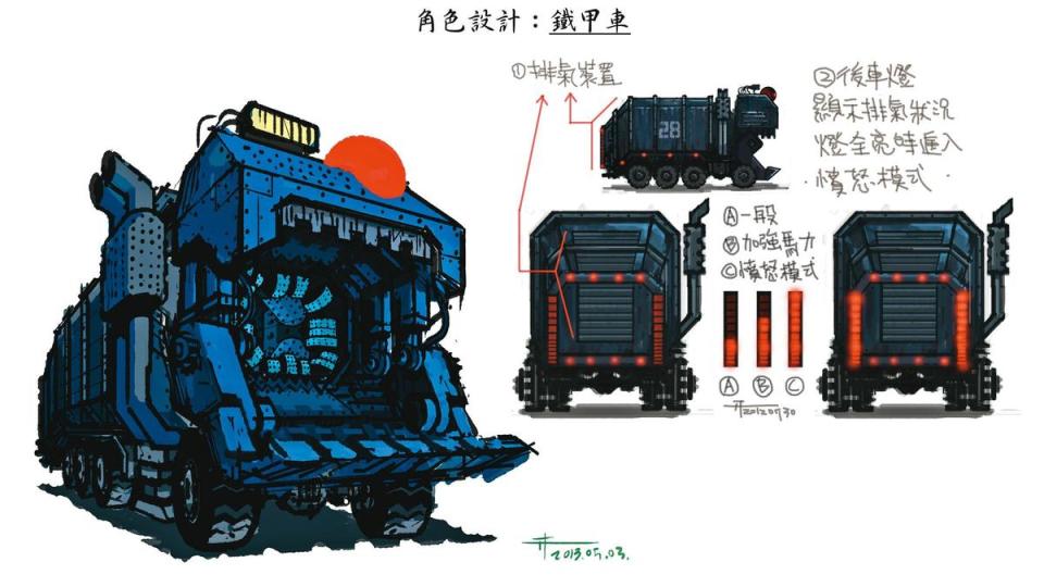 為強化鐵甲車如鋼鐵怪獸的威脅感，在車頭安裝巨大的吸盤武器，具有Cyberpunk風格。（牽猴子提供）