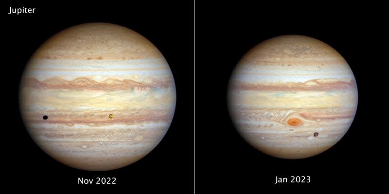 Jupiter seen by the Hubble Space Telescope in November 2022 and January 2023.