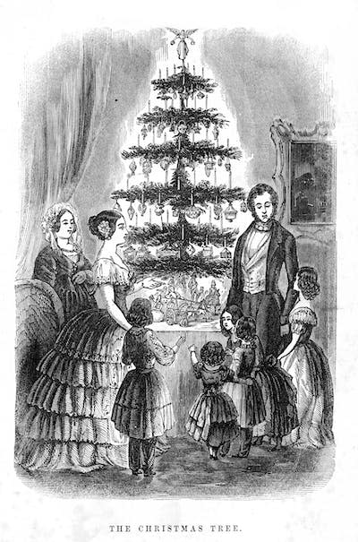 An engraving of Queen Victoria’s tree in Godey’s Ladies Book popularized Christmas trees in the U.S. <a href="https://upload.wikimedia.org/wikipedia/commons/8/82/The_Christmas_Tree_-_Godey%27s_Lady%27s_Book%2C_December_1850.jpg" rel="nofollow noopener" target="_blank" data-ylk="slk:Godey's Lady's Book;elm:context_link;itc:0;sec:content-canvas" class="link ">Godey's Lady's Book</a>