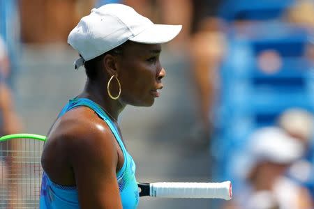 Aug 15, 2017; Mason, OH, USA; Venus Williams (USA) reacts against Alison Riske (USA) during the Western and Southern Open at Lindner Family Tennis Center. Mandatory Credit: Aaron Doster-USA TODAY Sports