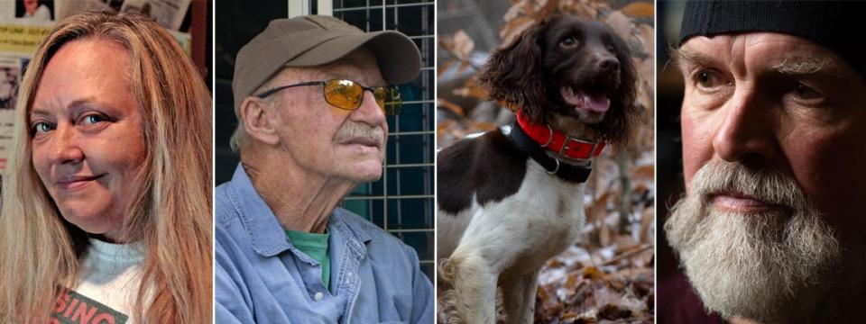 (From left) Jody Newman, a retired bail bondswoman who befriended Betty Henagan and tracked her son, Derrick's, case for years, Burt Crawford, a dog handler who teamed up with Mike Neiger to search for Derrick Henagan, Jess, Crawford's springer spaniel, who is trained to detect human remains, and Mike Neiger, a retired Michigan State Police trooper turned independent investigator who has worked the case on behalf of Derrick Henagan's family.