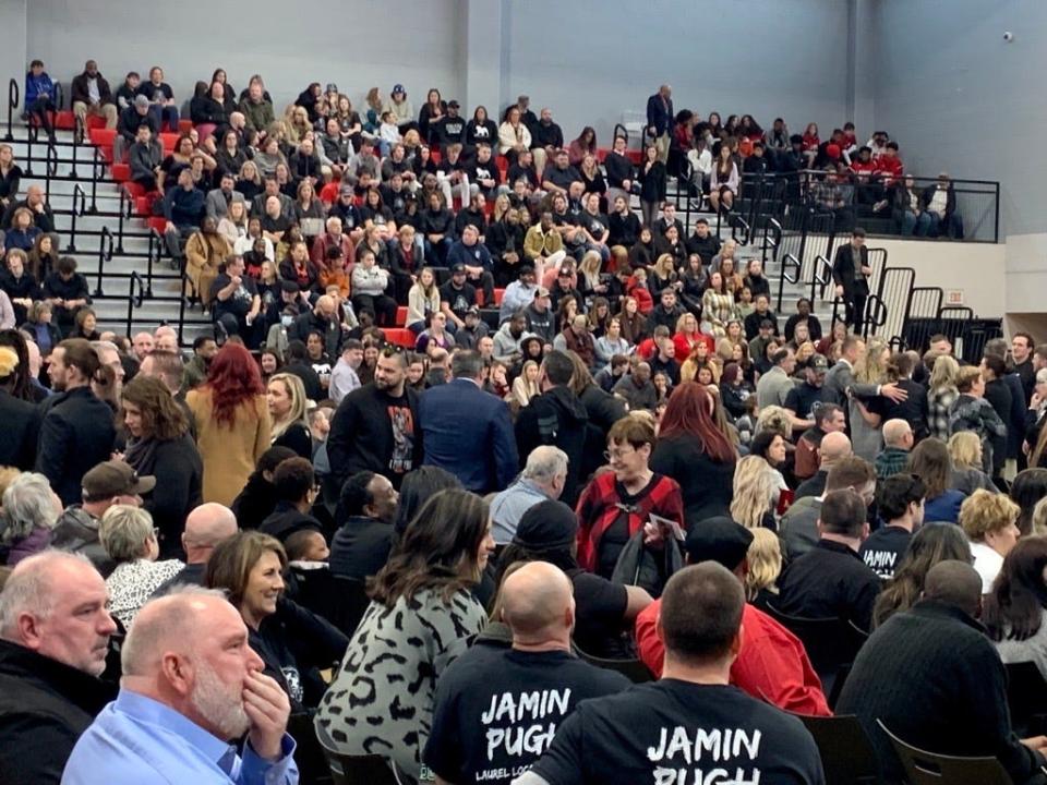 Hundreds of people gather in the gym of Laurel High School to pay their respect for Jamin Pugh, a local pro wrestler killed in an automobile accident on Jan 17., 2023.