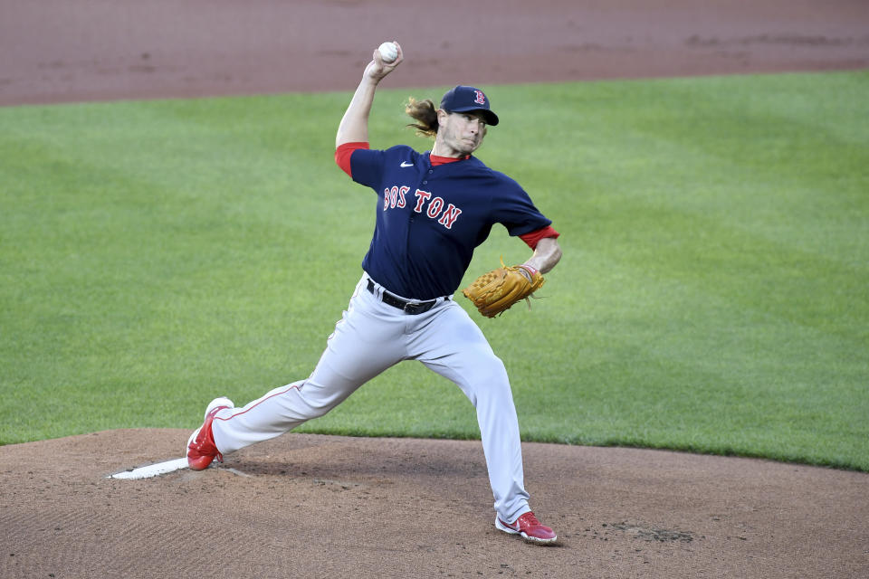 Boston Red Sox starting pitcher Garrett Richards throws against the Baltimore Orioles in the first inning of a baseball game, Saturday, May 8, 2021, in Baltimore. (AP Photo/Will Newton)