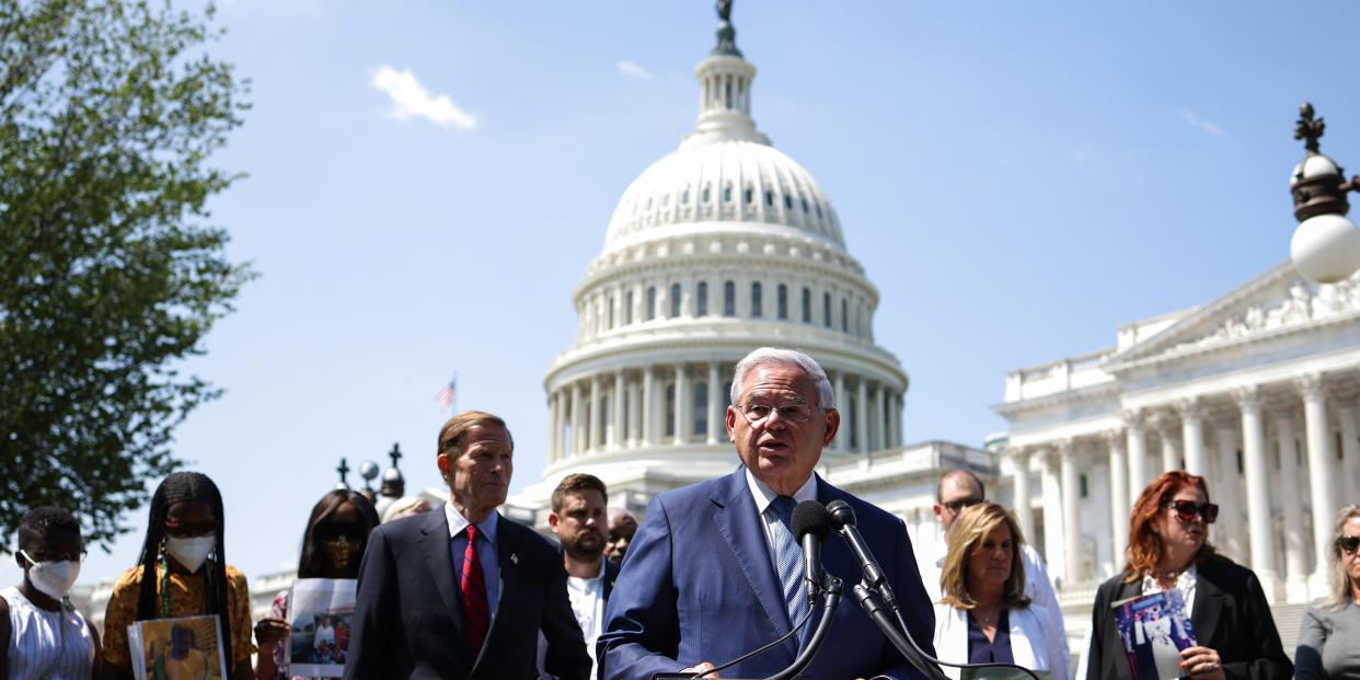 US Sen. Robert Menendez of New Jersey speaks at a press conference on the introduction of the "September 11th Transparency Act of 2021" at the Capitol on Aug 5, 2021.