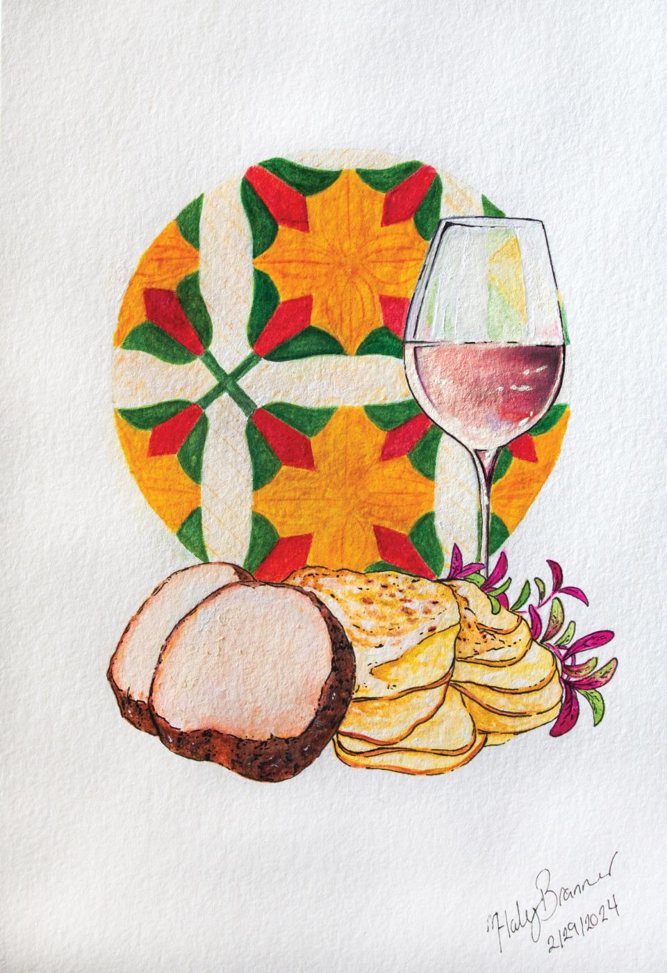 This illustration by Haley Branner is for the Art of the Food pre dinner on March 20, 2024 at Cameron Art Museum. It features a menu inspired by the quilt making exhibit, The Work of Their Hands.