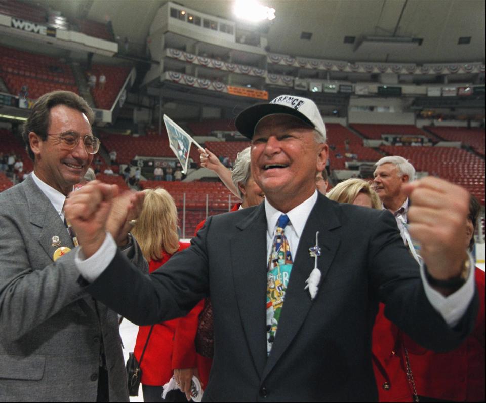 Florida Panthers owner H. Wayne Huizenga celebrates the team's playoff win over Pittsburgh in 1996.