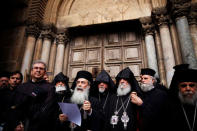 Greek Orthodox Patriarch of Jerusalem, Theophilos III, speaks during a news conference with other church leaders in front of the closed doors of the Church of the Holy Sepulchre in Jerusalem's Old City, February 25, 2018. REUTERS/Amir Cohen