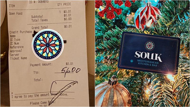 美國一家地中海餐酒館「Souk」日前收到一名客人高達16萬元的小費。（翻攝自Souk Mediterranean Kitchen & Bar臉書）