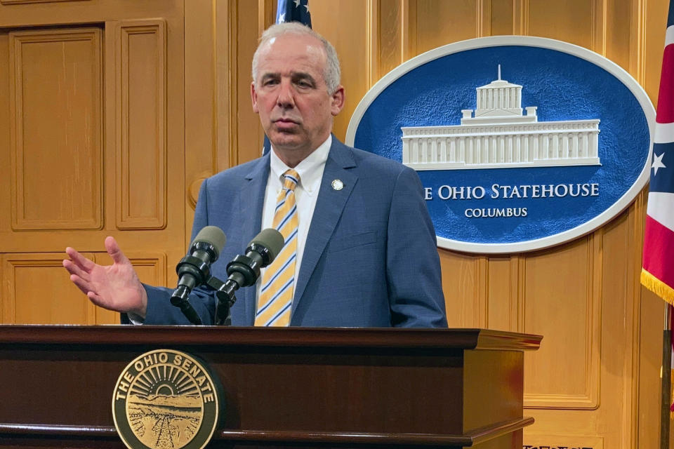FILE - Ohio Senate President Matt Huffman discusses the Senate passage of Ohio's two-year, $75 billion state budget, in Columbus, Ohio, June 9, 2021. Huffman desisted from labeling “On the Record” a news service when questioned by reporters shortly after its launch. “I think it’s just the latest iteration of trying to communicate with the public,” he said. (AP Photo/Andrew Welsh-Huggins, File)