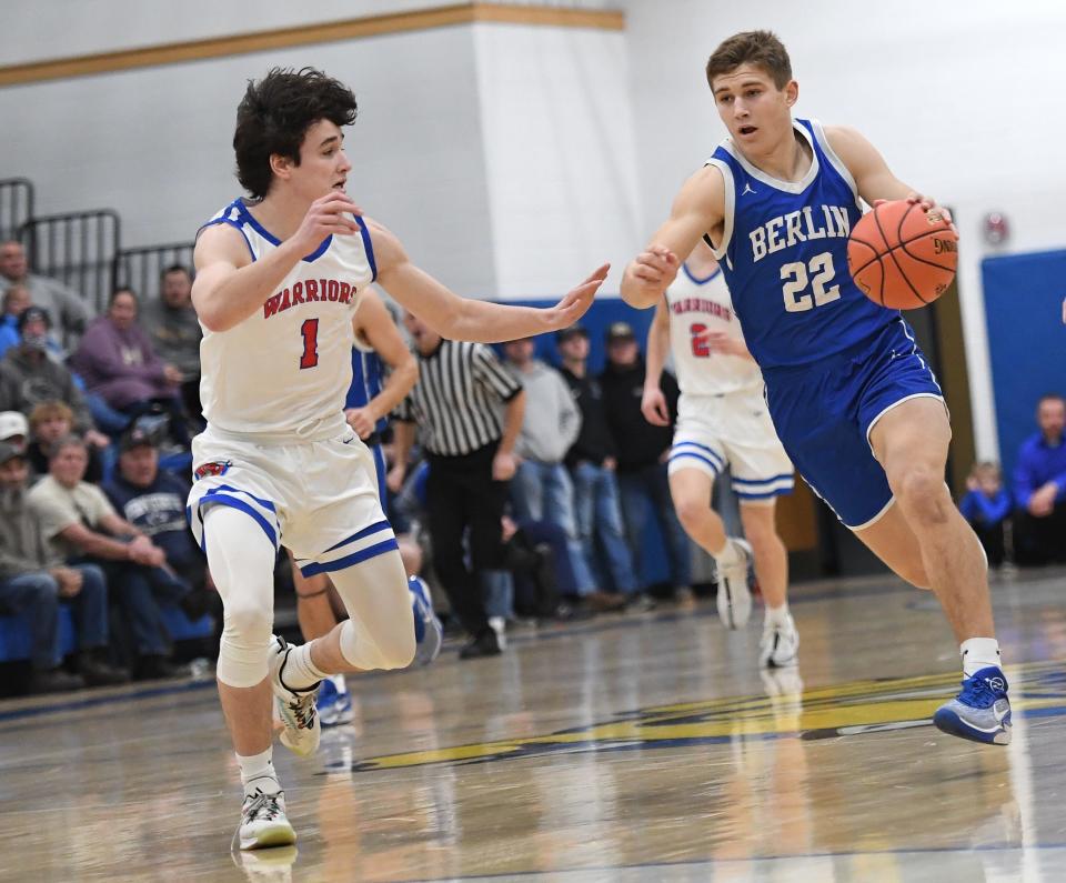 Berlin Brothersvalley's Pace Prosser drives against West Branch defender Lukas Colton (1) during the Inter-County Conference boys basketball championship, Feb. 17, in Claysburg.