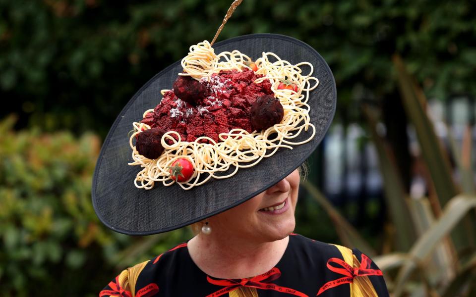 Hat cuisine: a racegoer sporting food-themed headgear at Royal Ascot in 2017