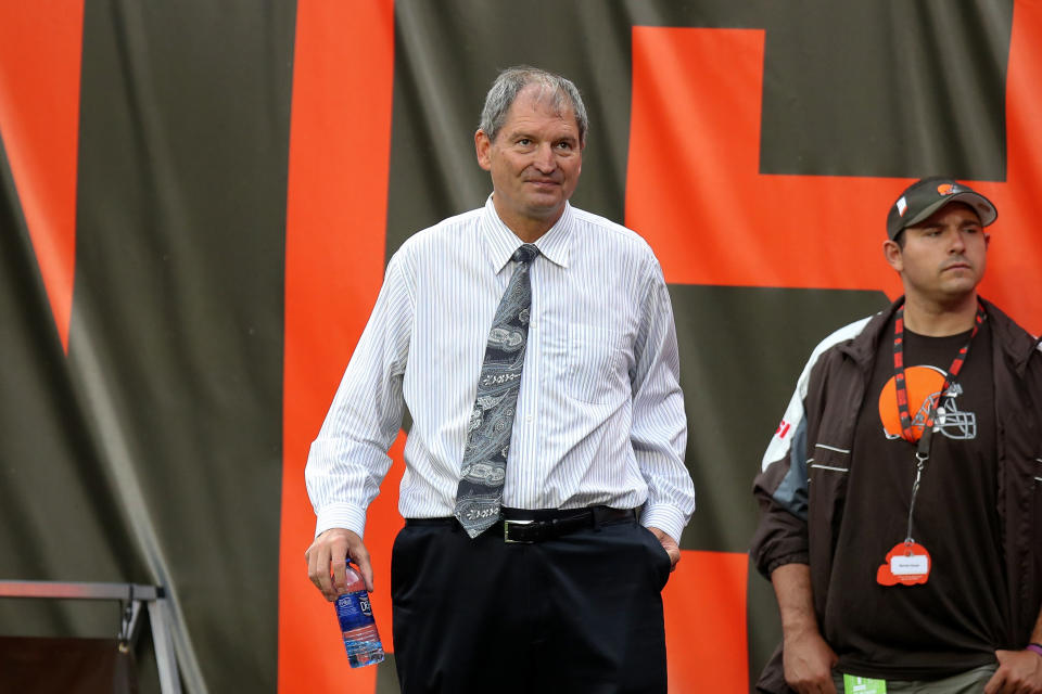 CLEVELAND, OH - AUGUST 17: Cleveland Browns pre season broadcast sideline reporter Bernie Kosar on the field prior to the National Football League preseason game between the Buffalo Bills and Cleveland Browns on August 17, 2018, at FirstEnergy Stadium in Cleveland, OH. Buffalo defeated Cleveland 19-17. (Photo by Frank Jansky/Icon Sportswire via Getty Images)