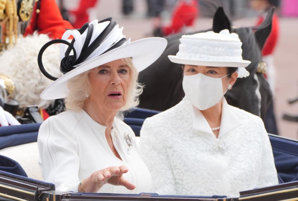 LONDON, ENGLAND - JUNE 25: Queen Camilla with Empress Masako of Japan arriving at Buckingham Palace during the ceremonial welcome for start of the State Visit to Britain by the Japanese Emperor and Empress on June 25, 2024 in London, England. (Photo by Jonathan Brady - WPA Pool/Getty Images)