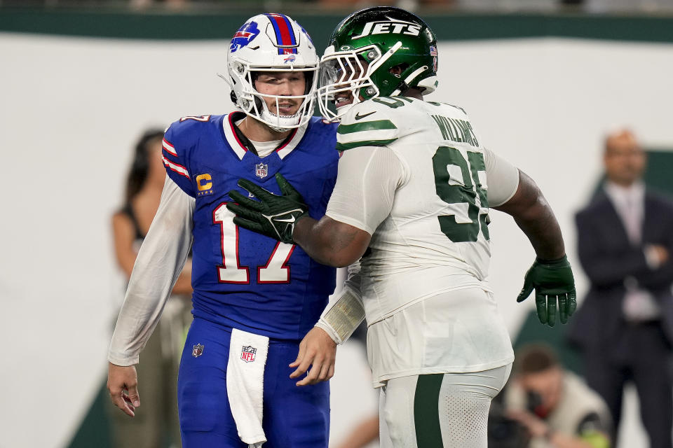 Josh Allen (17) was facing a great Jets defense Monday night, but his play is still hard to excuse. (AP Photo/Seth Wenig)