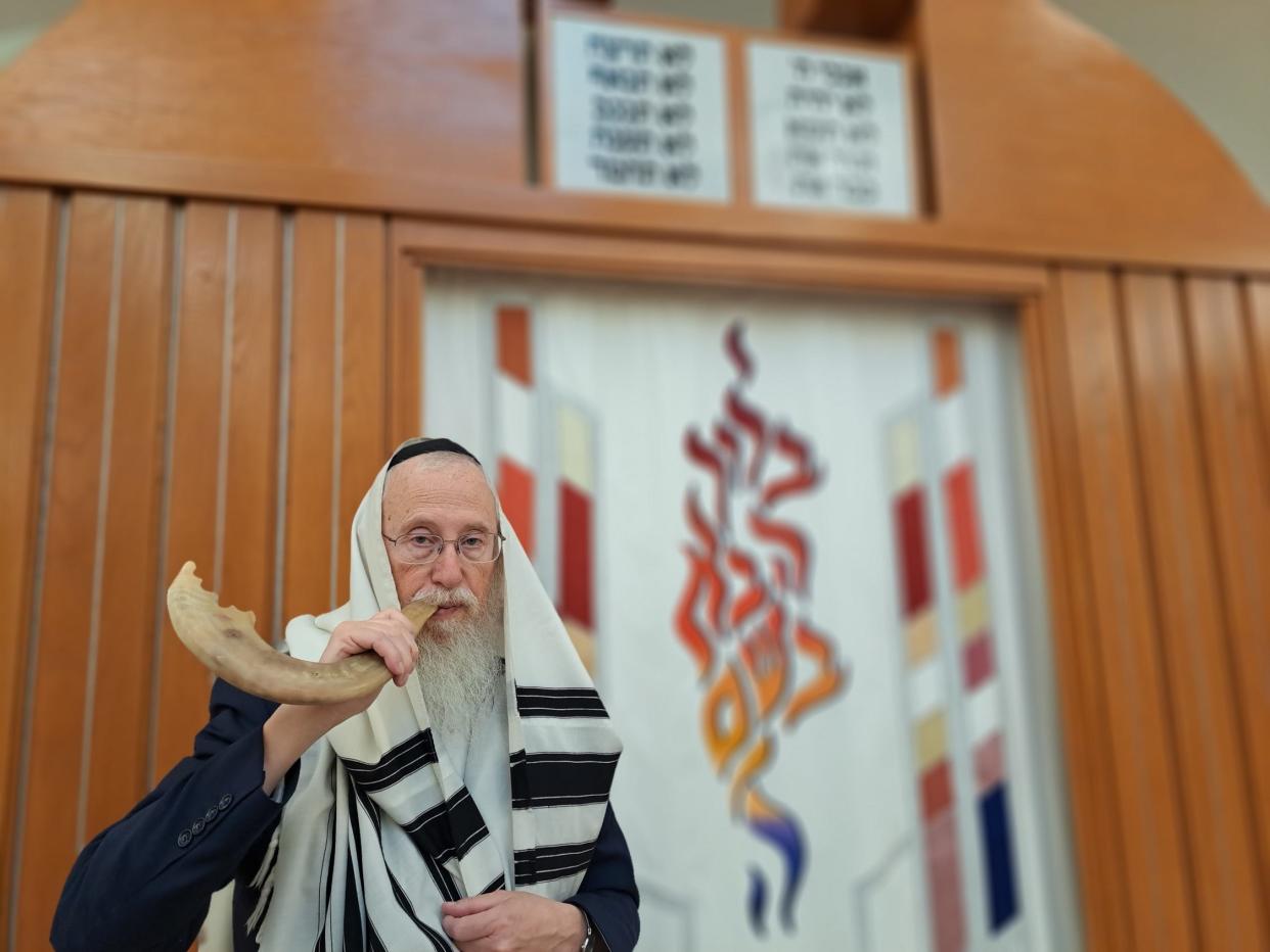 Rabbi Yisrael Greenberg prepares to blow the Shofar on the second day of Rosh Hashanah in the sanctuary of the Chabad Lubavitch Center for Jewish Life.