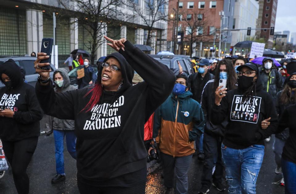 Monica Cannon-Grant leads demonstrators as they march from Nubian Square to Boston Police headquarters last April as they celebrate the conviction of former Minneapolis police officer Derek Chauvin and demand for an end to police brutality.