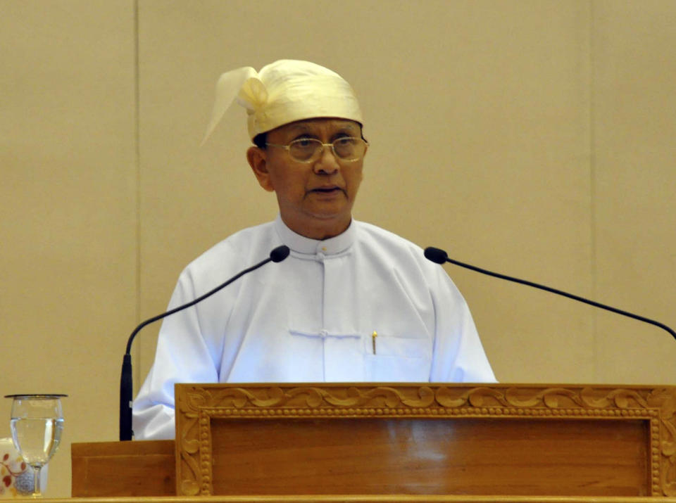 Myanmar President Thein Sein delivers his speech at Parliament in Naypyitaw, Myanmar, Thursday, March. 1, 2012. Sein said Thursday that his government will build on the sweeping reforms it has begun over the last year, and will work hard to convince skeptics at home and abroad that it is truly committed to democratic change. (AP Photo)