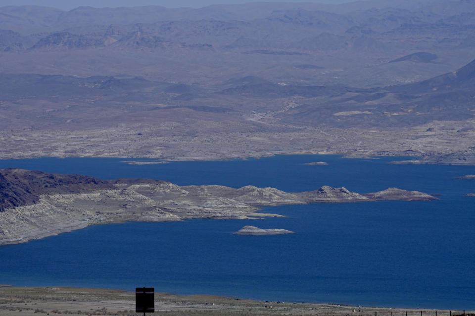 FILE - Lake Mead is seen, June 6, 2023, from Bolder City, Nev. Under a proposal released Wednesday, March 6, 2024, by Arizona, California and Nevada, the water level at Lake Mead — one of the two largest of the Colorado River reservoirs — would no longer determine the extent of water cuts. (AP Photo/Matt York, File)