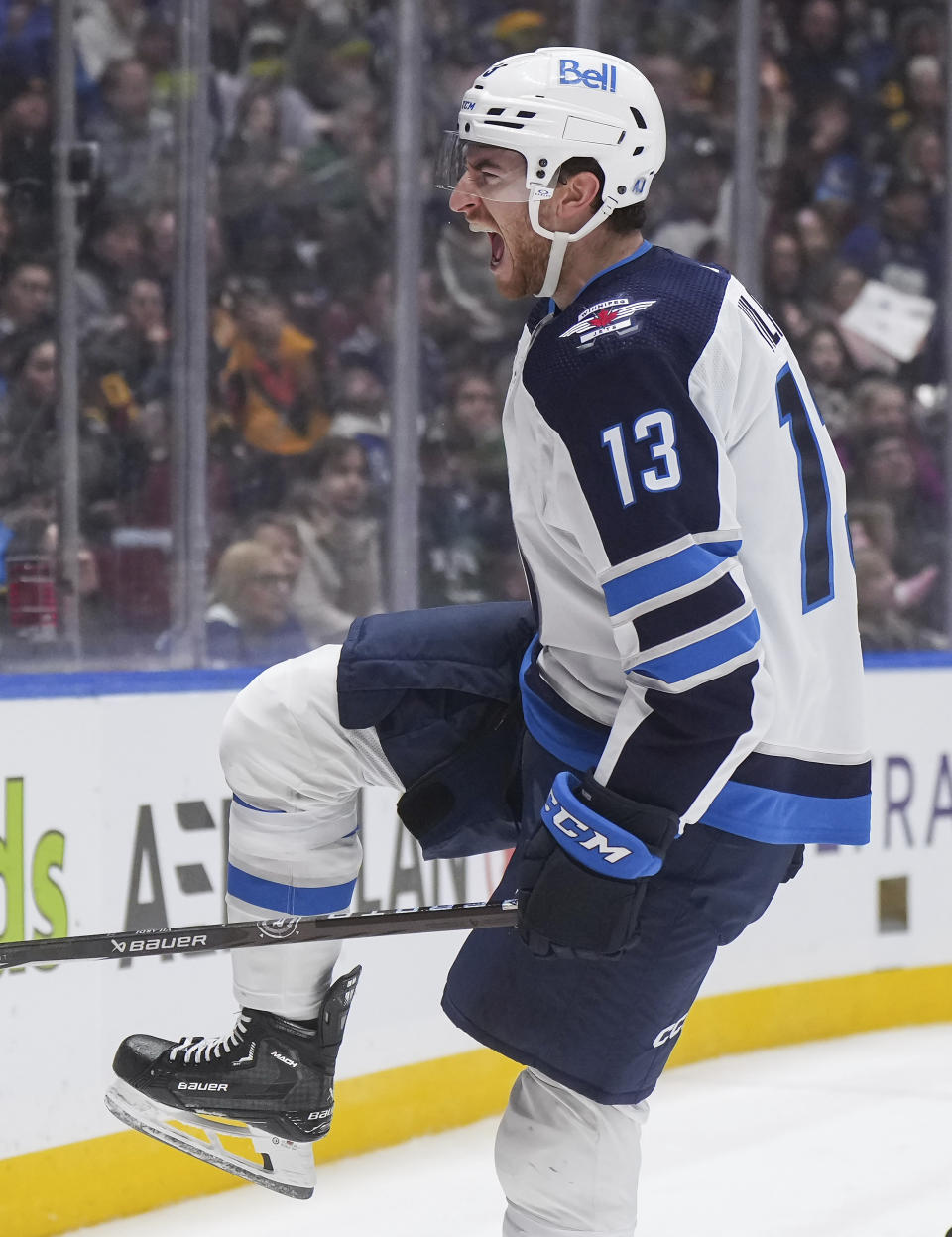 Winnipeg Jets' Gabriel Vilardi celebrates his goal against the Vancouver Canucks during the second period of an NHL hockey game Saturday, Feb. 17, 2024, in Vancouver, British Columbia. (Darryl Dyck/The Canadian Press via AP)