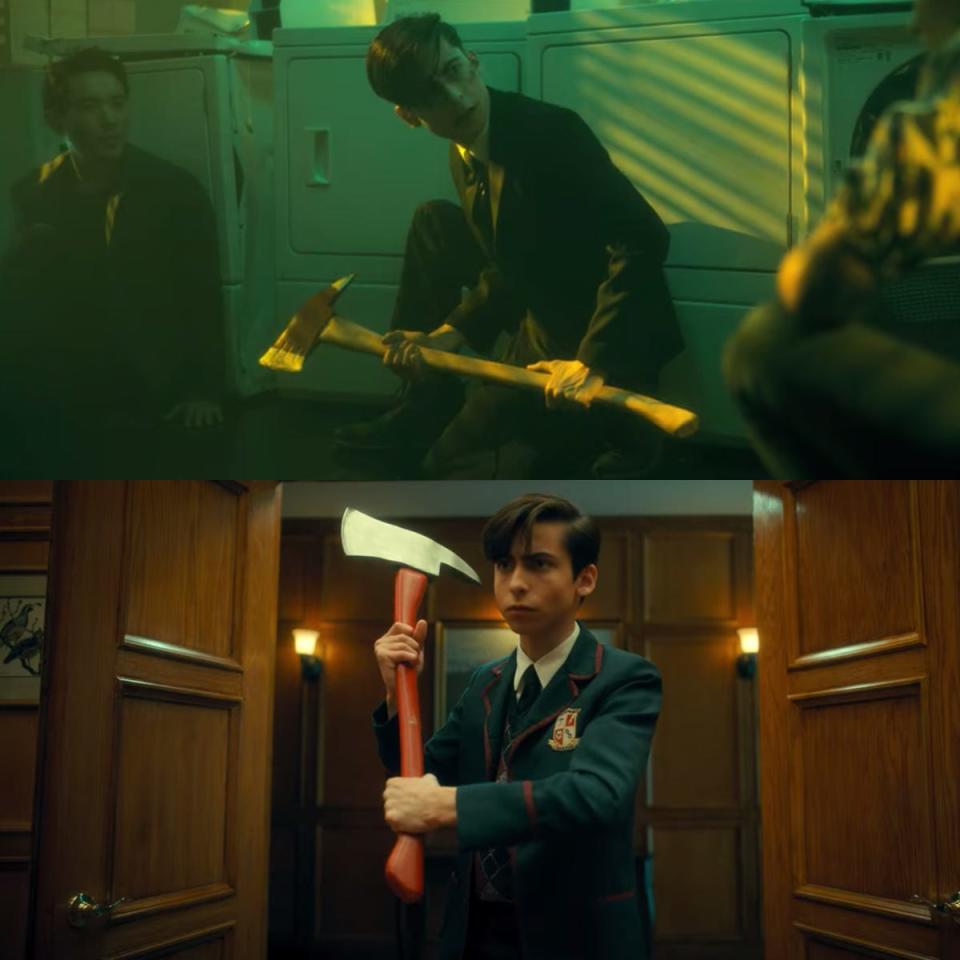 Number Five holding an ax in seasons three and two of "The Umbrella Academy."