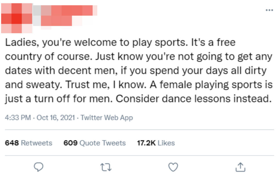 Tweet saying, "A female playing sports is just a turn off for men."