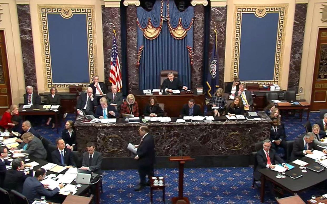 Jerry Nadler, the Democratic congressman from California, near the podium on the Senate floor for Donald Trump's impeachment trial - AFP