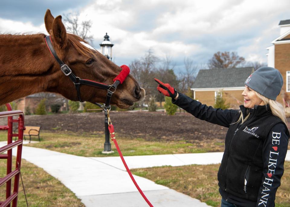 Hank, a 1,400-pound Tennessee Walker horse, greets his owner, Tammi Jo Regan, during their visit to Broad Commons Park in Doylestown Borough on Monday, November 28, 2022. Hank, who is the brand ambassador for the nonprofit, For Hank's Sake, stopped in Doylestown on his way to Times Square in New York City for Giving Tuesday.