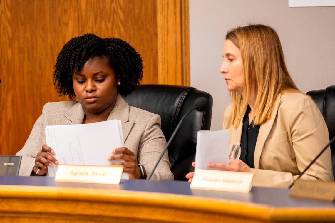 Durham Public Schools Board of Education Board Chair Bettina Umstead, left, adjourns a school board meeting after announcing the resignation of Superintendent Pascal Mubenga and releasing the main findings of an investigation that was launched to learn the cause of salary issues Thursday, Feb. 7, 2023 in Durham. Mubenga learned of the problem on Nov. 8 but the board wasn’t informed until Jan. 11. Travis Long/tlong@newsobserver.com