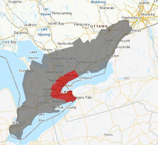 This map shows the weather statements (grey) and warnings (red) in place across parts of Ontario and Quebec as of 5 p.m. on July 8, 2024. 
