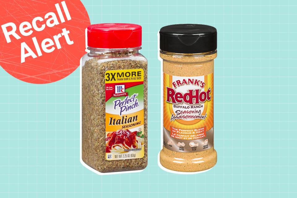 Frank's RedHot BUFFALO RANCH SEASONING BLEND and McCormick Perfect Pinch, Italian Seasoning on a designed background with a recall button