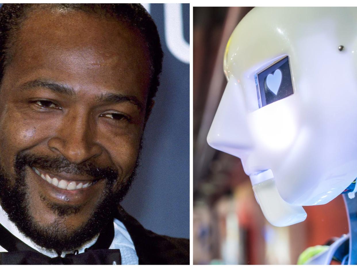 This side-by-side photo shows soul icon Marvin Gaye, left, and an image of a robot, right.