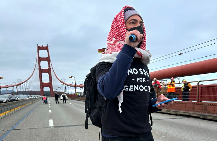 The Golden Gate Bridge is shut down by protesters on April 15, 2024. (Image courtesy Ellen Caminiti)