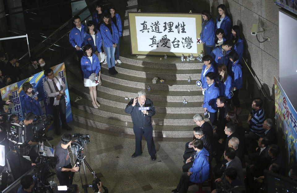 Tsai Eng-meng, owner of CTi TV, speaks on the last night before the cable news channel halts its broadcast operations at the hall of CTi TV in Taipei, Taiwan, Friday, Dec. 11, 2020. CTi TV, a leading pro-China cable news channel, halted its broadcast operations at midnight Friday after Taiwan''s government refused to renew its license, citing accuracy issues. (AP Photo/Chiang Ying-ying)