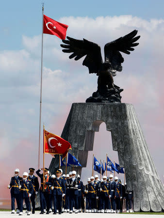 Newly graduated air force cadets march during their graduation ceremony at the Air Force war academy in Istanbul, Turkey, August 31, 2009. REUTERS/Murad Sezer/File Photo