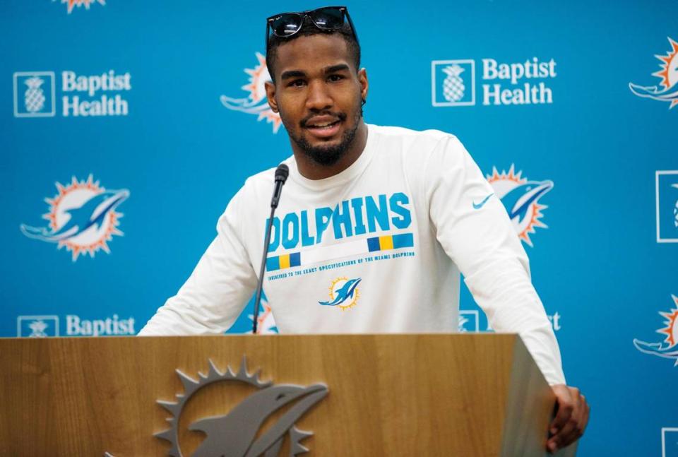 Miami Dolphins wide receiver Jaylen Waddle speaks during press conference at Baptist Health Training Complex in Hard Rock Stadium on Wednesday, April 27, 2022 in Miami Gardens, Florida.