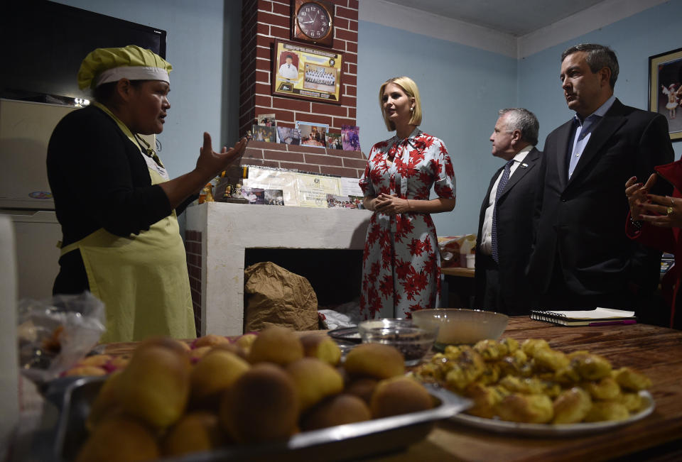 CORRECTS SPELLING OF ALCOCER - Ivanka Trump, center, President Donald Trump's daughter and White House adviser, listens to bakery owner Graciela Cristina Alcocer explain her operation in Jujuy, Argentina, Thursday, Sept. 5, 2019. Ivanka Trump is on the second stop of her South America trip aimed at promoting women's empowerment. (AP Photo/Gustavo Garello)