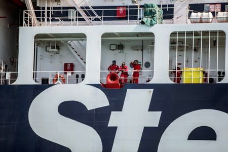 Crew Members of Stena Impero, a British-flagged vessel owned by Stena Bulk, are seen at undisclosed place off the coast of Bandar Abbas