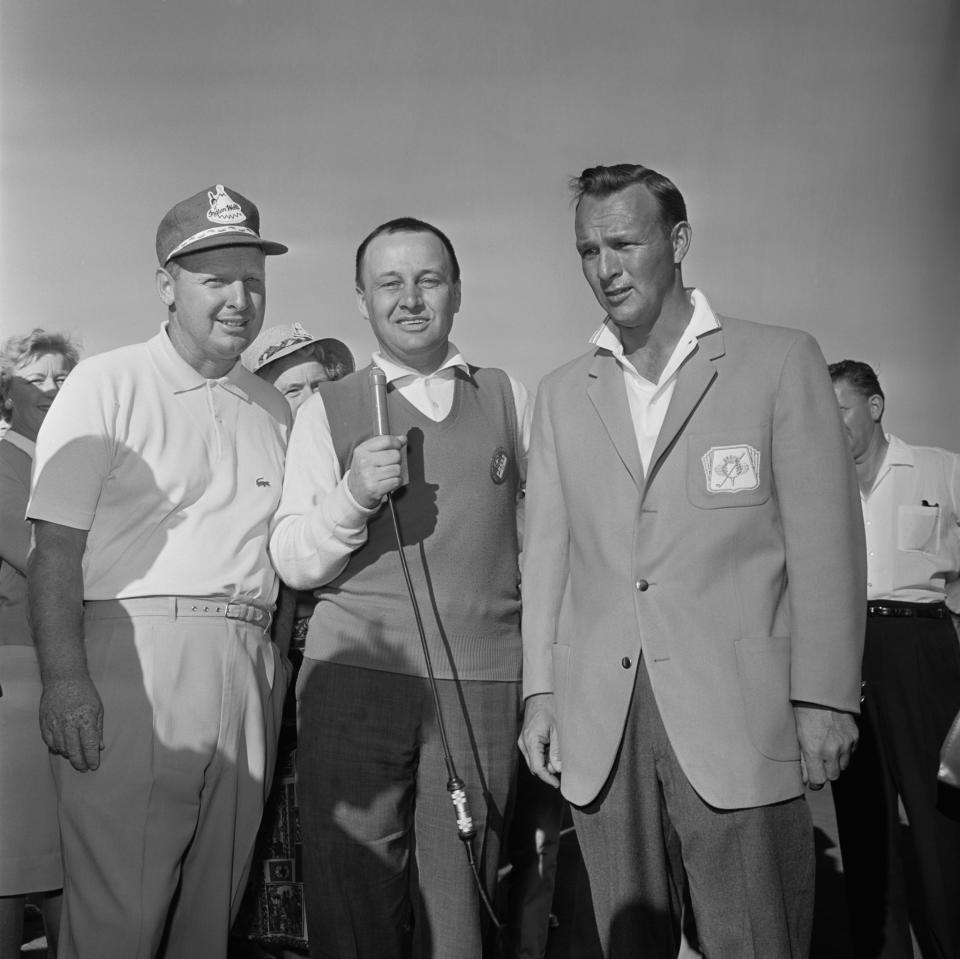 <p>Jim McKay, center, interviews Billy Maxwell, left, Palm Springs winner, and Arnold Palmer, 1960 Palm Springs champion at the PALM SPRINGS GOLF TOURNAMENT. (Photo by CBS via Getty Images) </p>