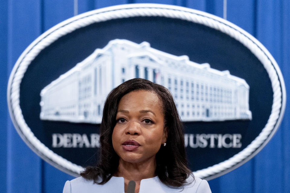 FILE - Assistant Attorney General for Civil Rights Kristen Clarke speaks at a news conference at the Department of Justice in Washington, Thursday, Aug. 5, 2021. Federal law enforcement is investigating the New York Police Department's treatment of sex crime victims after concluding there is "significant justification" to do so and after receiving reports of deficiencies for more than a decade, prosecutors said Thursday. (AP Photo/Andrew Harnik, File)