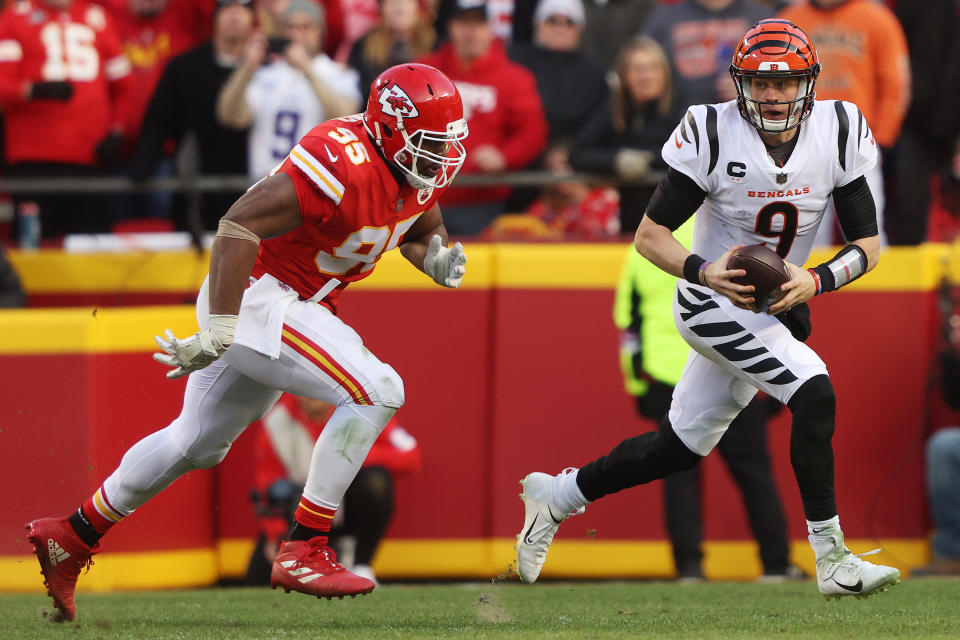 Joe Burrow (9) and the Bengals will try to beat Chris Jones and the Chiefs at Arrowhead Stadium for the second straight season to win the AFC championship. (Photo by Jamie Squire/Getty Images)