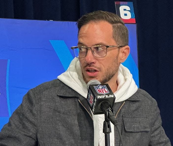 Dolphins coach Mike McDaniel speaks at the NFL Scouting Combine in Indianapolis.