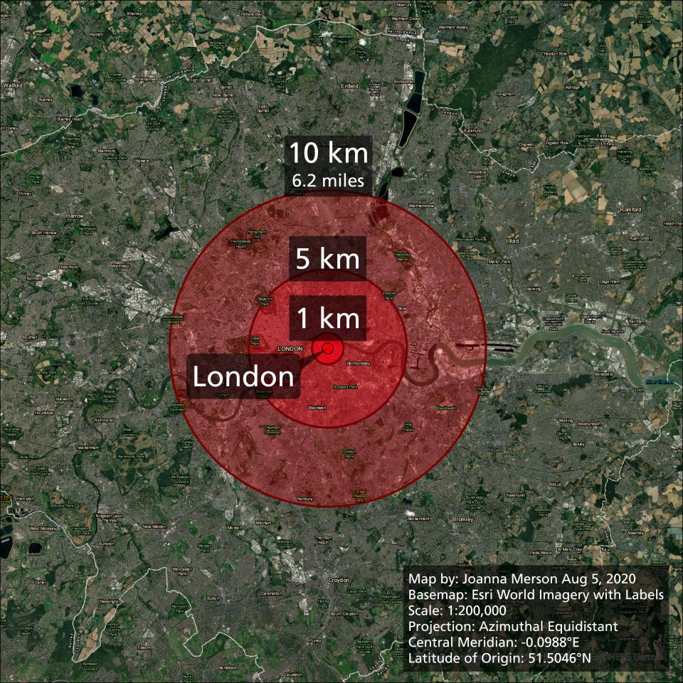 The damage radius of the explosion in Beirut if it had happened in London. (Joanna Merson)