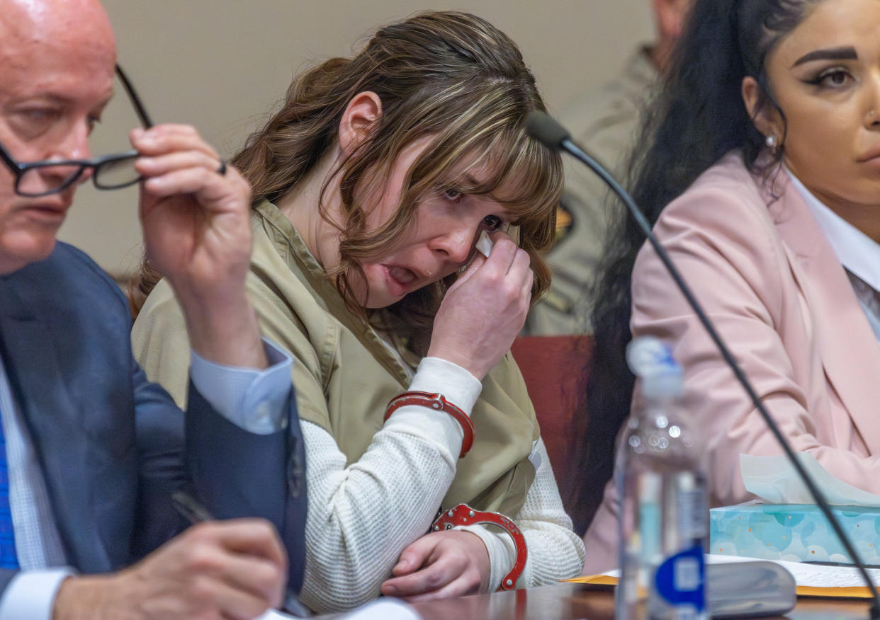 Hannah Gutierrez-Reed, the former armorer at the movie Rust, wipes her tears during her sentencing hearing in First District Court, in Santa Fe, New Mexico, U.S., April 15, 2024. (Luis Sanchez Saturno/Pool via Reuters)